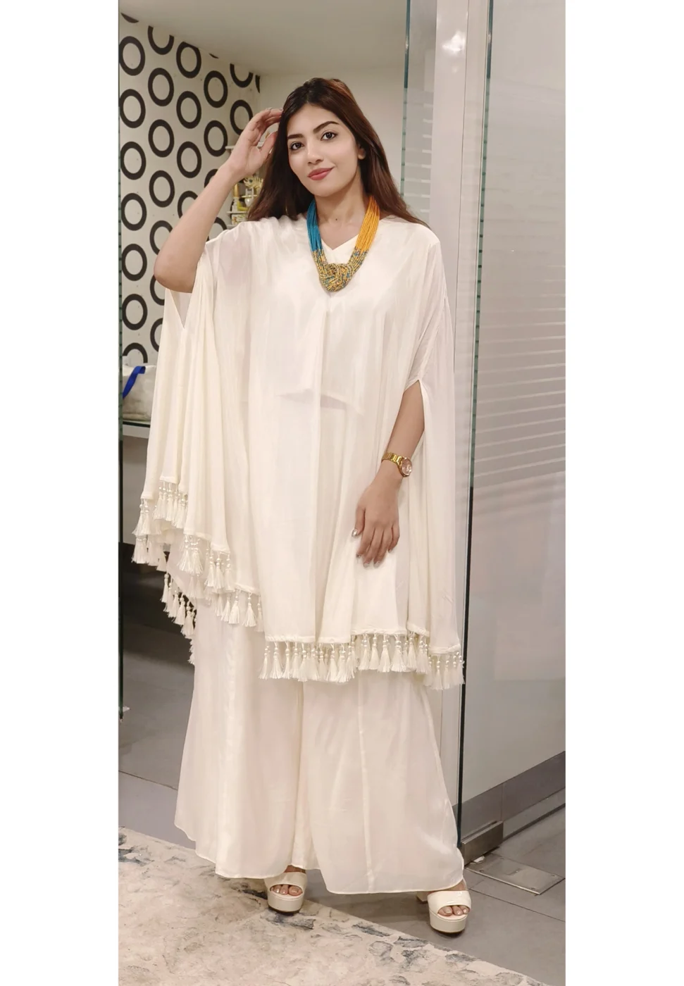Ivory Tassel Kaftan Set